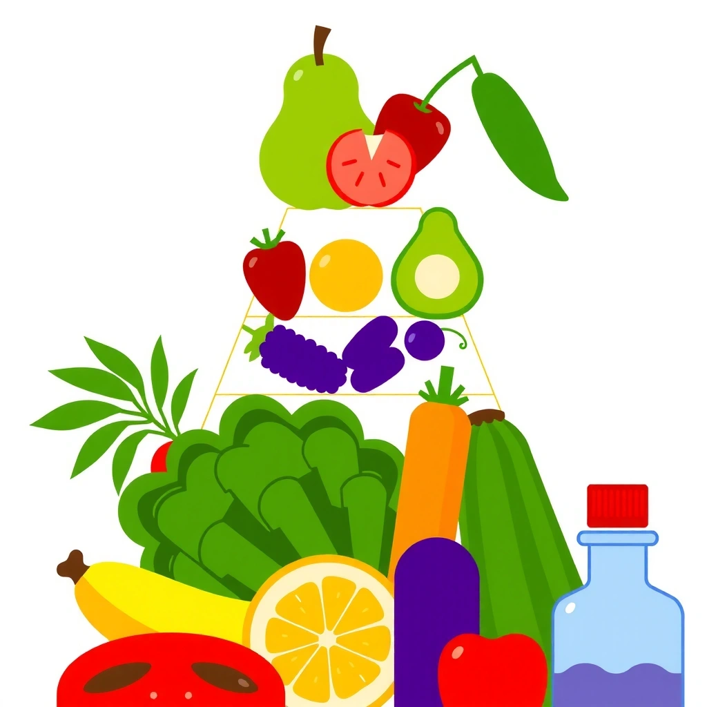 Ilustración de una pirámide alimenticia estilizada, representando una dieta equilibrada.