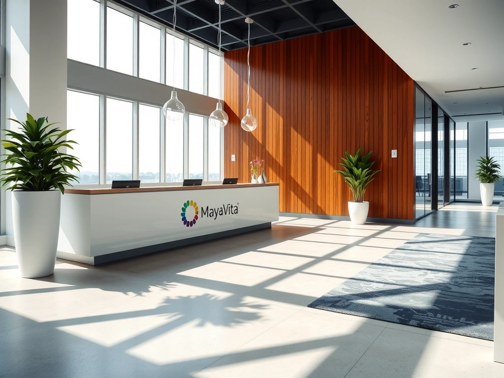 Oficina de Mayavitas con un diseño moderno y plantas verdes, símbolo de bienestar.