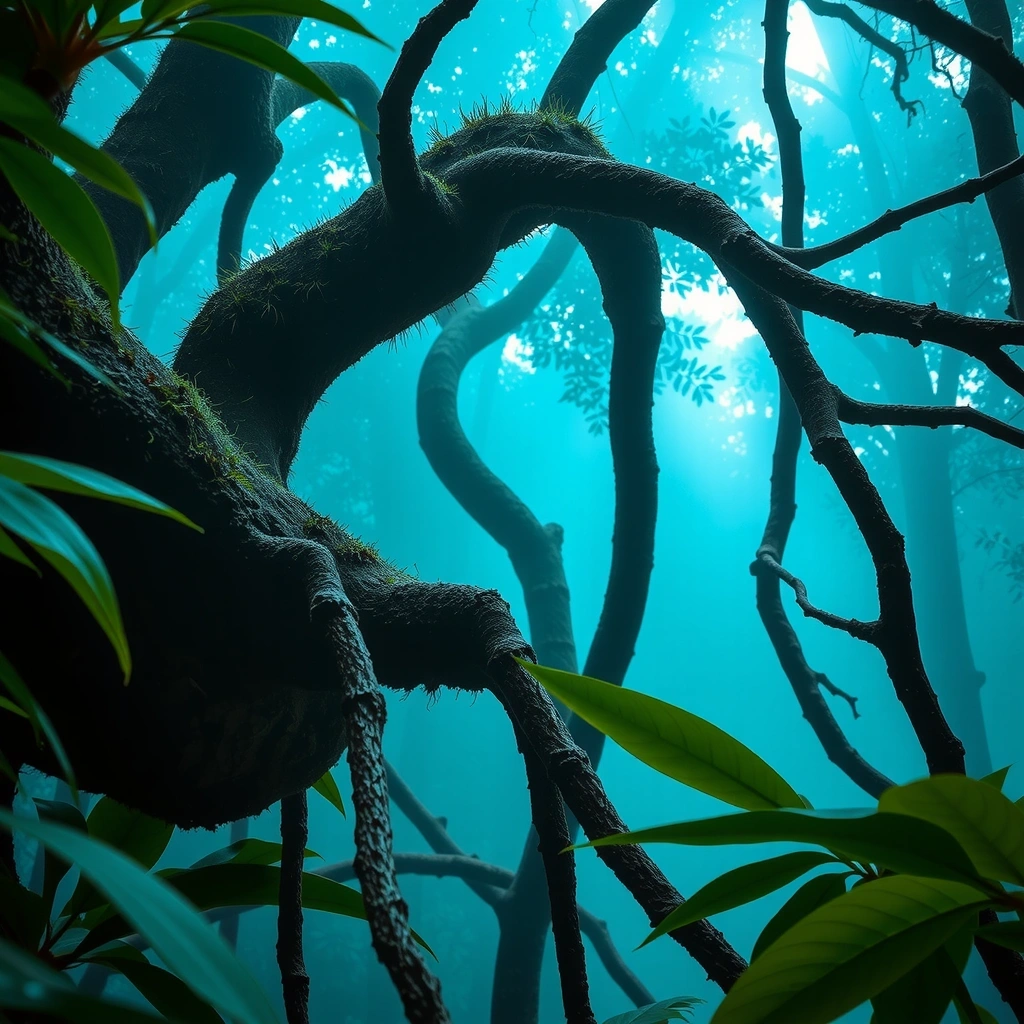 Misteriosa selva ancestral con tonos turquesa y jade, simbolizando la sabiduría de Mayavitas.