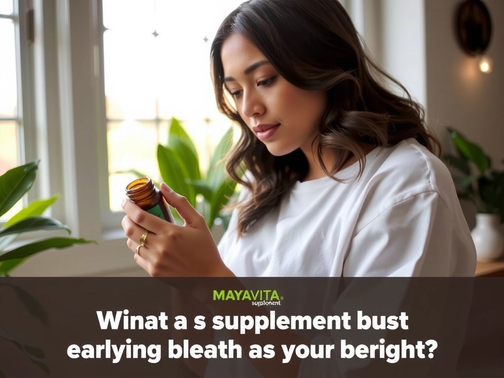 Mujer leyendo la etiqueta de un suplemento de Mayavitas, con un ambiente natural y tranquilo de fondo.